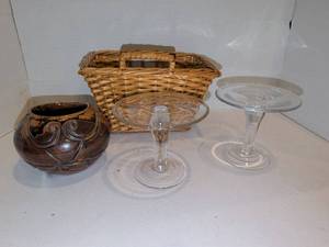 lot 1231 image: Raoui Del Castillo Art Pottery Bowl, Basket,  and  glass pillar candleholders