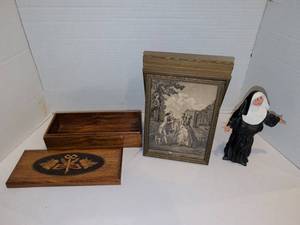 lot 1234 image: 4x8 Wood Inlay Box, 7x9 Framed Print with Mirror Box and Nun Figurine