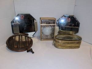 lot 1239 image: Home Decor Lot Beveled Mirrors Oval Planter Round Box Ornament