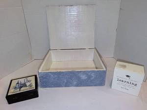 lot 1240 image: Decorative Wood Boxes Wine Picnic Illustration and B.B. King Quote. Largest box is 4x12x11