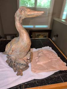lot 1272 image: Cormorant Bird 17x10 Figurine Ceramic Sculpture and 11x12 face by K. Thompson