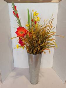 lot 1273 image: 33in Floral Arrangement Red Yellow Flowers metal Vase