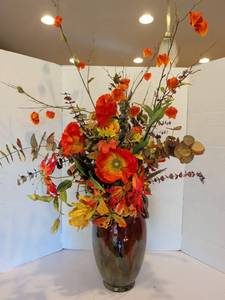 lot 1274 image: 41in Decorative Ceramic Vase with Floral Arrangement Red Orange Yellow Flowers