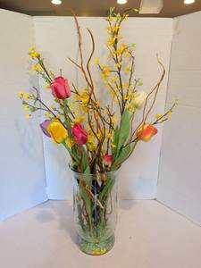 lot 1275 image: 36in Mixed Floral Arrangement with Tulips and Forsythia Branches in Clear Glass Vase