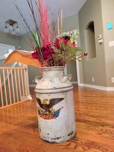 lot 1277 image: Decorative 23in Milk Can with Eagle and American Flag, floral filled