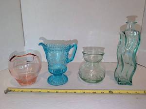 lot 1289 image: Adams & Co. Wildflower blue glass creamer pitcher, bud forcing jar and more