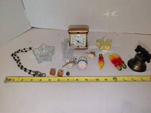 lot 1290 image: Brass dice, travel clock, bell and misc