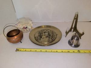 lot 1292 image: Mini Copper Cauldron, Brass Relief Plate, Metal Bell and metal stand