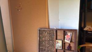 lot 1304 image: Cork bulletin Board  with Wood Shelving  and larger cork board