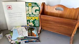 lot 1306 image: Wooden Magazine Rack with maps and travel magazines