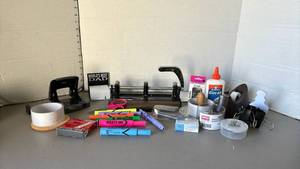 lot 1332 image: Office Supplies Lot Tape Dispenser Markers Glue Clips Paper Organizer