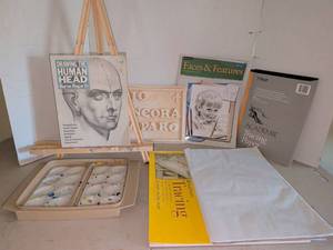 lot 1346 image: Drawing Art Supplies Lot Books Tracing Paper Head Models Easel
