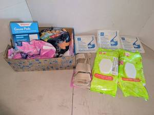 lot 1349 image: Lot of First Aid Medical Supplies Gauze Pads, Gauze Sponges, Baby Wipes, Bandages
