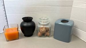 lot 1401 image: Gray Tissue Box Cover, candle and other bathroom items