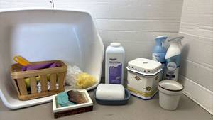 lot 1405 image: Bath Accessories Lot Equate Baby Powder, Febreze Air, Soap, Sponges, Containers