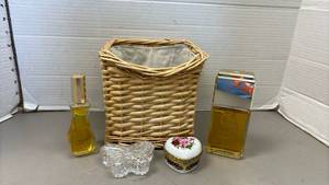 lot 1411 image: Giorgio and White Shoilders perfumes and more, in a  Woven Basket