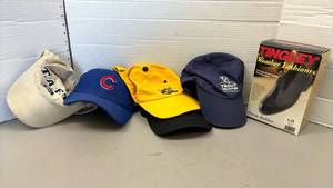 lot 1420 image: Lot of 4 Baseball Caps and 1 Pair Tingley Storm Rubber Overshoes LG