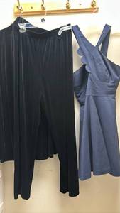 lot 1428 image: Black velvet jacket and pants set - size L and a blue sundress - size 10
