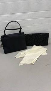 lot 1456 image: Black Handbag with Beaded Clutch, and vintage wrist cuffs