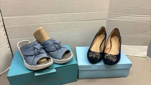 lot 1459 image: 1 Pair Blue Wedge Sandals Black Embellished PumpsAnd a pair of Zees chambray sandals
