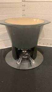 lot 1600 image: Gray Ceramic Fondue Pot with Metal Stand and Perforated Insert and grill spatula