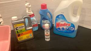 lot 1605 image: Cleaning Supplies Lot CLR, Downy, Windex, Spray Bottle and More- some may have little product