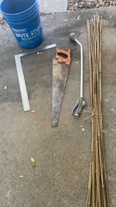 lot 3003 image: Hand Tools Saw, Ruler, Stakes, with Bucket