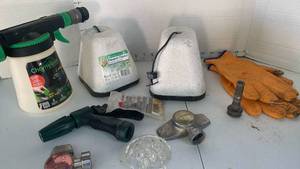 lot 3032 image: Faucet covers sprayer, nozzles, sprinkler heads, and flower frog