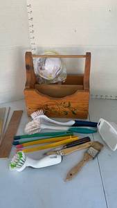 lot 3040 image: Wooden organizer with brushes and plastic tweezers, and funnel and more