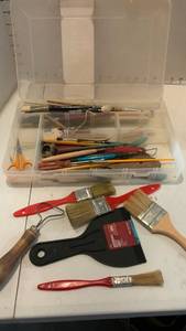 lot 3110 image: Art Supplies Lot Brushes Putty Knife Scissors Organizer Box