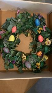 lot 3119 image: Easter Spring Wreath with Decorated Eggs and Silk Flowers 20 inches