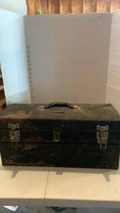 lot 3123 image: JC Penney metal tool box with misc contents