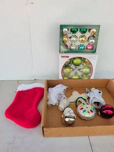 lot 3204 image: Christmas Ornament Lot Boxed Sets Balls Figurines Red Stocking
