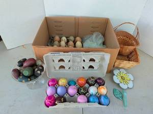 lot 3207 image: Easter Egg Decor Lot Painted Eggs Speckled Eggs Wicker Baskets Flower Picks