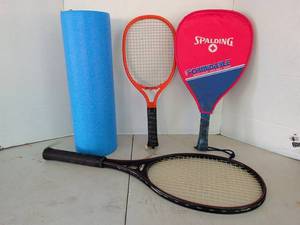 lot 3210 image: Spalding Tennis Racket Lot 4 Rackets Formidable Blue Foam Roller