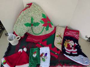 lot 3214 image: Christmas Decoration Lot Stocking Tree Skirt Towels Mug