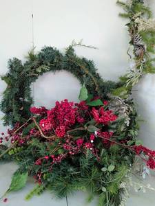 lot 3220 image: Decorated Evergreen Wreath with Red Berries and Greenery