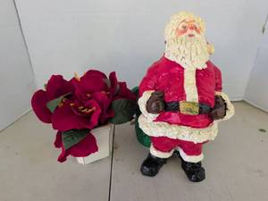 lot 3225 image: Hand-Painted 11in Santa Claus Figure with Green Base and Miniature Gifts