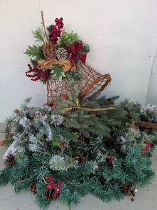 lot 3227 image: Holiday Decorative Bell Arrangement with Evergreen Branches Berries and Pinecones