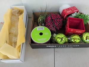 lot 3232 image: Holiday Decoration Lot Ornaments Boxes Greenery
