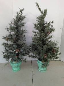 lot 3233 image: Pair of Artificial 23in Pine Trees with Cones in Turquoise Planters