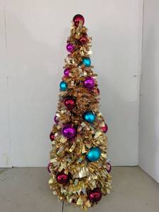 lot 3235 image: 25in Decorative Holiday Tree with Gold Leaf and Ornaments