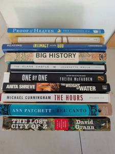 lot 3303 image: Lot of Books Proof of Heaven, Intimacy with God, Big History, Glass Castle, One by One, Weight of Water, The Hours, Bel Canto, Lost City of Z