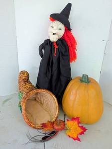 lot 3334 image: Halloween Decorations Lot Witch Doll Pumpkin Cornucopia Basket