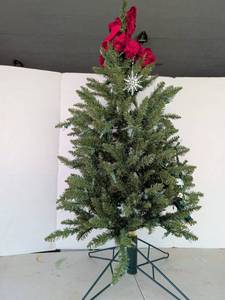 lot 3342 image: Prelit Christmas Tree with Red Flowers and Snowflake Ornament 44 inch