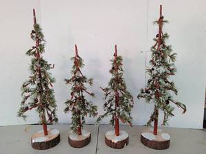 lot 3343 image: Set of 4 Decorative Tabletop Trees with Wood Bases Red Branches and Greenery. Largest is 24 tall, smaller are 18 tall