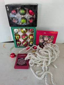 lot 3346 image: Christmas Ornament Lot Glass Balls Garland Decorations Mikasa and more
