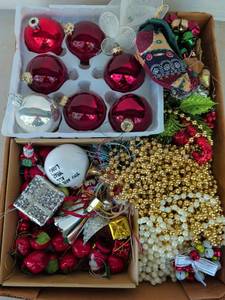 lot 3347 image: Christmas Ornament Lot Red Burgundy Balls Decorative Picks Beads