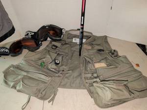 lot 3413 image: Fishing Waders Vest Tackle Lot Scott Goggles and hiking stick