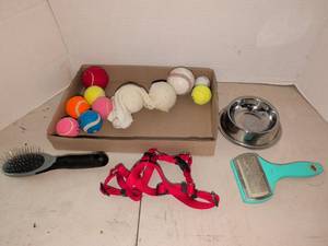 lot 3415 image: Pet Grooming and Play Accessory Lot Balls, Brushes, Bowl, Harness